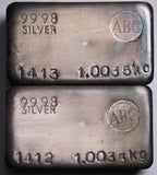 ABC Vintage Silver 1kg Cast Bar Consecutively Numbered Pair