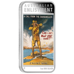 2014 $1 Australian Posters of World War I Enlistment 1oz Silver Coloured Rectangle Proof Coin