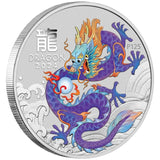 2024 Year of the Dragon 1oz Silver Purple Coloured Coin in Card