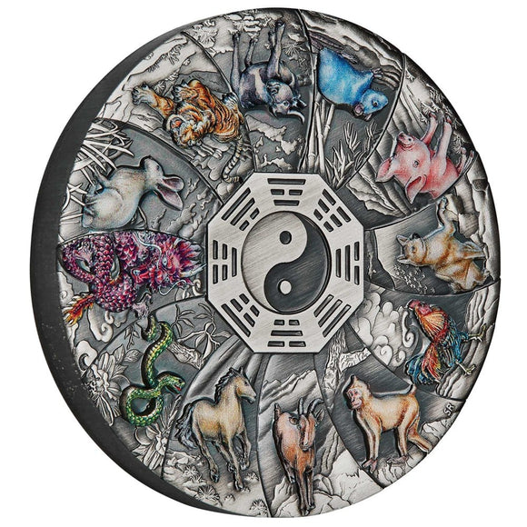 2023 12 Lunar Animals 5oz Silver Antiqued Coloured Coin