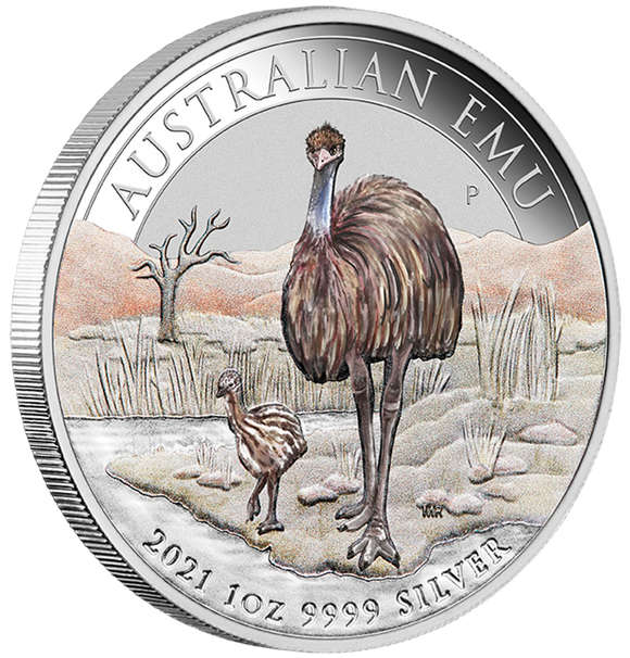 2021 $1 ANDA Melbourne Emu 1oz Silver Coloured Proof Coin