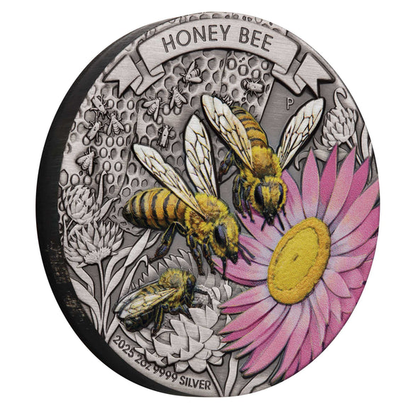 Honey Bee 2025 2oz Silver Antiqued Coloured Coin