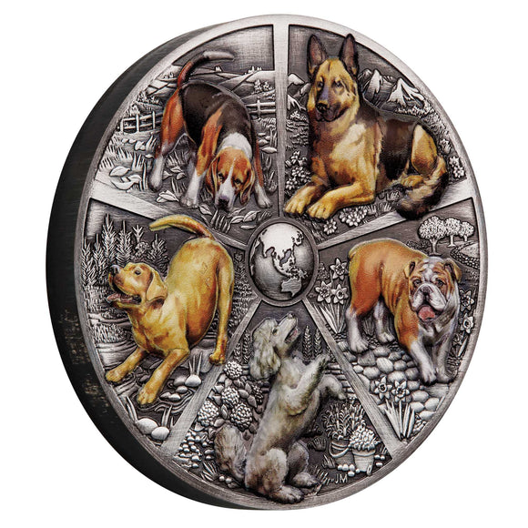 World Popular Dogs 2025 5oz Silver Antiqued Coloured Coin