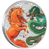 Chinese Myths and Legends Dragon and Horse 2026 1oz Silver Fire and Earth Coloured Coin in Card