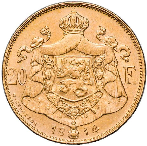 Belgium 1913 Gold Twenty Francs UNC