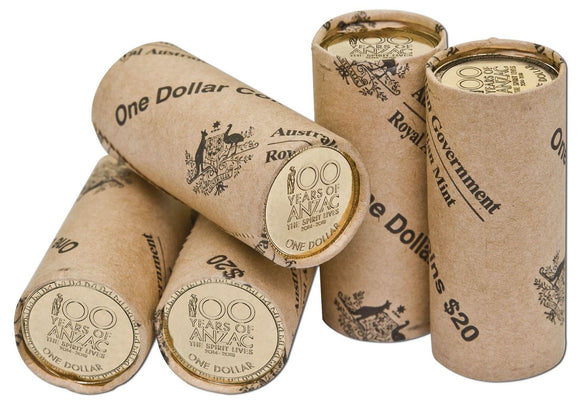 2014-2018 $1 RAM Rolls - '100 Years of ANZAC - The Spirit Lives' - Five Mint Rolls Set