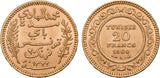 Tunisia AH1322/1904A Gold Twenty Francs aUNC