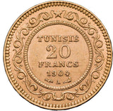 Tunisia AH1322/1904A Gold Twenty Francs aUNC