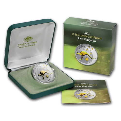 2005 $1 Australian Kangaroo 1oz Silver Gilded Coin