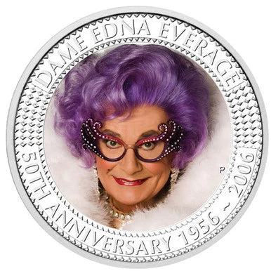 2006 $1 50th Anniversary Dame Edna Everage 1oz Silver Coloured Coin