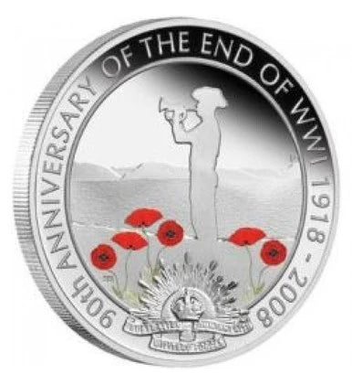 2008 $1 90th Anniversary of The End of World War I 1oz Silver Coloured Proof Coin