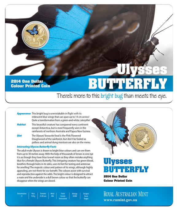 2014 $1 Bright Bug Ulysses Butterfly Uncirculated Coin in Card