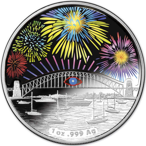 2014 $1 New Years Eve Sydney Fireworks 1oz Silver Holographic Proof Coin