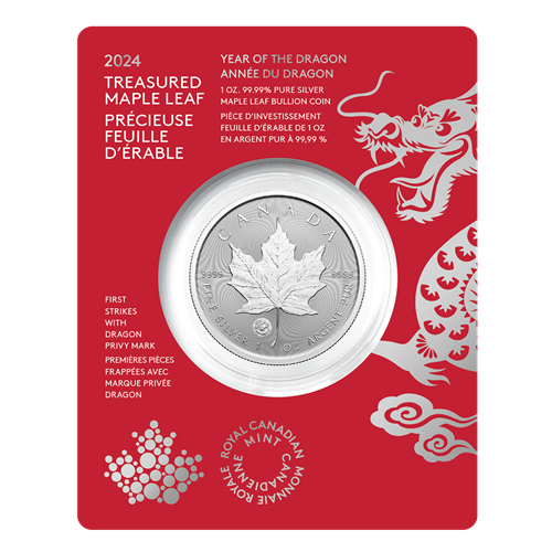 2024 1oz Silver Coin – Treasured Silver Maple Leaf First Strikes: Year of the Dragon Privy Mark