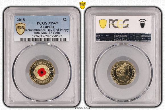 2018 Remembrance Day Red Poppy Coloured $2 Coin MS67