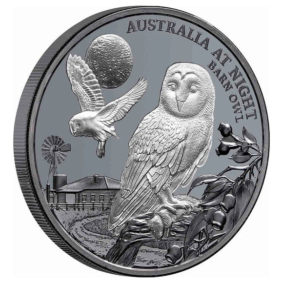 Australia at Night Barn Owl 2022 $1 1oz Silver Black Proof Coin