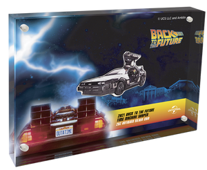 2021 Back to the Future DeLorean Time Machine Shaped 2oz Antiqued Silver Coin