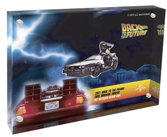 2021 Back to the Future DeLorean Time Machine Shaped 2oz Antiqued Silver Coin