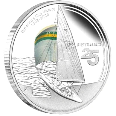 2008 $1 25th Anniversary of America's Cup Victory Australia II 1oz Silver Coloured Proof Coin with Piece of Sail