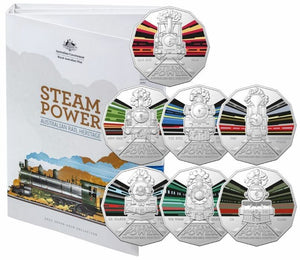 2022 Australian Steam Trains 50c Coin - Complete 7 Coin Set with folder