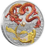 2023 Myths and Legends series Red Dragon and Koi 1oz Silver Coloured Coin in Card