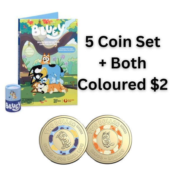 2026 Bluey 5 Coin Tube and Collectable Folder Set with 2x Coloured $2 ...