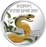 2010 $1 Deadly and Dangerous Eastern Brown Snake 1oz Silver Coloured Proof Coin