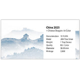 2025 China Dragon 10 Yuan 1 oz Silver Coloured Coin in Capsule and COA