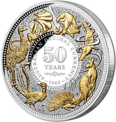 2016 $10 WMF 50 Years of Australian Decimal Currency Selectively Gold Plated 5oz Silver Proof Coin