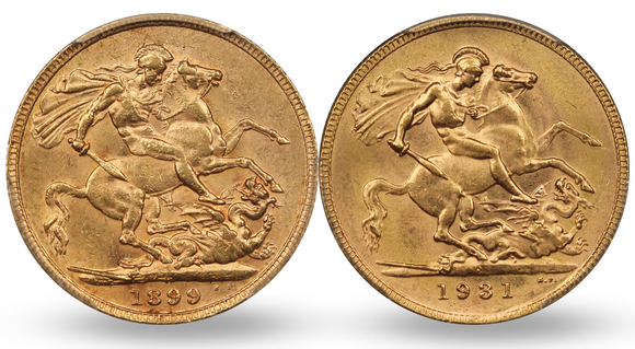 1899 and 1931 Perth Mint Gold Sovereign Pair aUNC/UNC