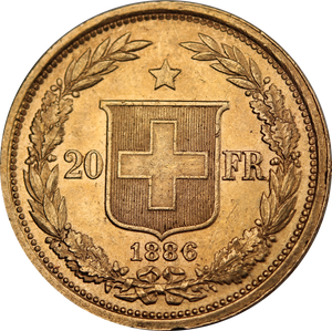 Switzerland 1886 Gold 20 Franc Coin aUNC/UNC