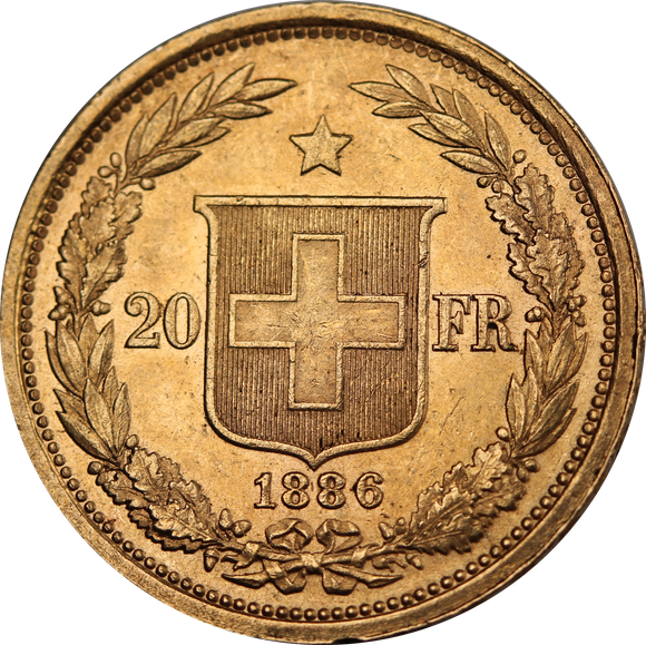 Switzerland 1886 Gold 20 Franc Coin aUNC/UNC