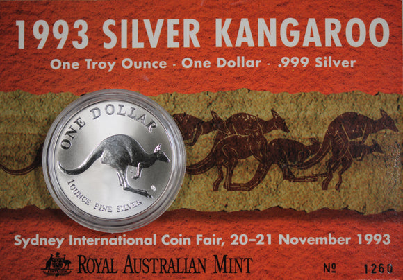 1993 Australian Kangaroo 1oz Silver Coin in Card Sydney Coin Show Issue