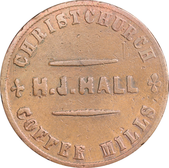 New Zealand c. 1862 Henry J. Hall, Christchurch Coffee Mills Penny Token
