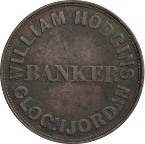 Ireland 1858 William Hodgins, Banker, Cloghjordan Penny Token gFine