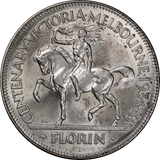 1934/35 Melbourne Centenary Florin UNC with Foys Bag EF
