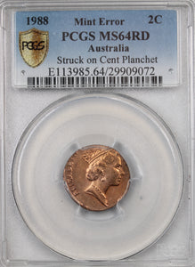 1988 2 Cent Struck on 1 Cent Planchet Error MS64RD