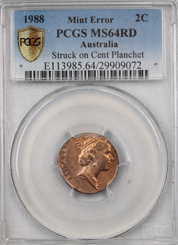 1988 2 Cent Struck on 1 Cent Planchet Error MS64RD