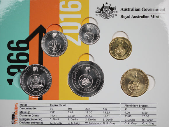 2016 Changeover 6 Coin Set Push In Folder 50th Anniversary of Decimal Currency