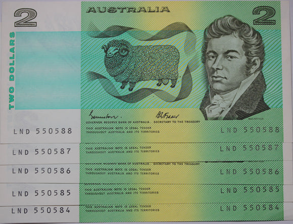 $2 1985 Johnston/Fraser Consecutive run of 5 aUNC