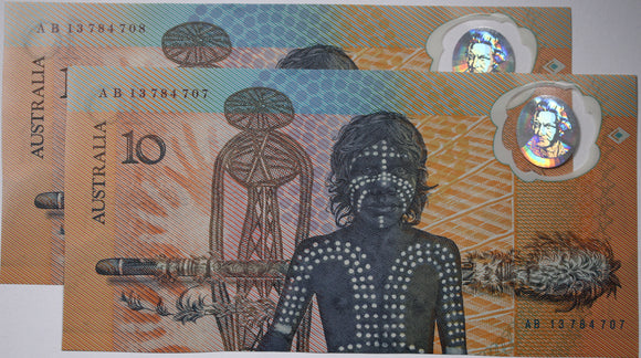 1988 Bicentennial $10 Banknote Consecutive Pair UNC