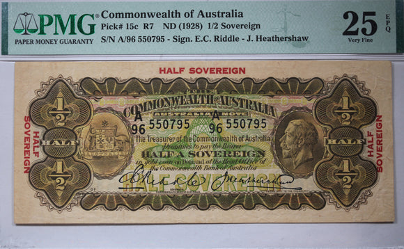 1928 Commonwealth of Australia Ten Shilling Riddle/Heathershaw Banknote Very Fine 25 EPQ