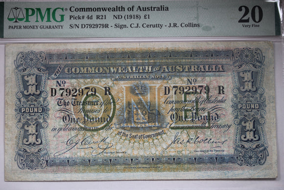 1918 Commonwealth of Australia One Pound Cerutty/Collins Banknote Very Fine 20