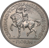 1934/35 Melbourne Centenary Florin aUNC with Foys Bag gFine