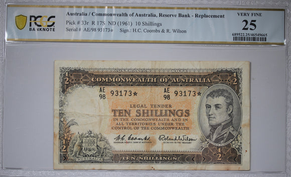 1961 Australia Coombs/Wilson 10 Shilling Star Replacement Note VF20 PCGS