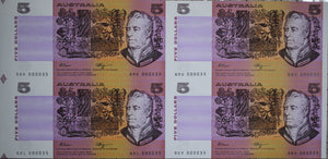 1990 Australia Five Dollars Uncut Block of Four Fraser/Higgins