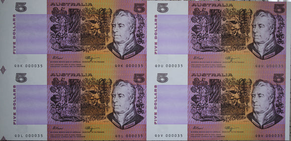 1990 Australia Five Dollars Uncut Block of Four Fraser/Higgins
