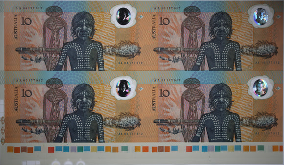1988 Bicentennial $10 Banknote Uncut Block of 4 with Selvage