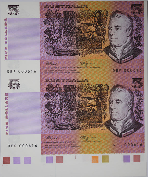 1990 Australia Five Dollars Uncut Vertical Pair Fraser/Higgins (Bottom Selvedge)