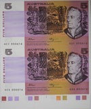 1990 Australia Five Dollars Uncut Vertical Pair Fraser/Higgins (Bottom Selvedge)